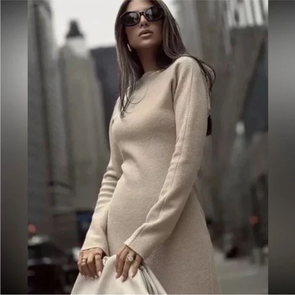 New ZARA Long Sleeve Bouclé Wool Dress ZW Collection - Picture 1 of 8
